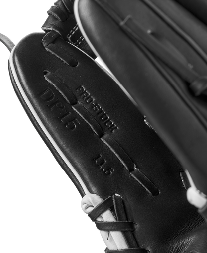 Close-up of a Wilson A2000 DP15 11.5" Baseball Glove (WBW102726115), highlighting detailed stitching and palm embossing with the text: Pro Stock, DP15, and 11.5.
