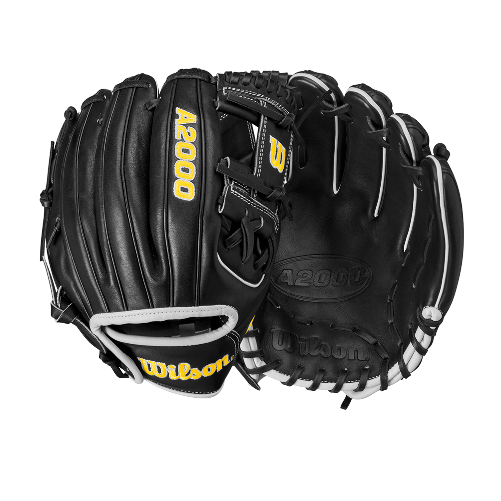 The Wilson A2000 DP15 11.5" Baseball Glove (WBW102726115) is a black infield glove featuring yellow text, made from durable Pro Stock leather by Wilson.
