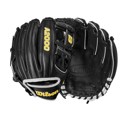 The Wilson A2000 DP15 11.5" Baseball Glove (WBW102726115) is a black infield glove featuring yellow text, made from durable Pro Stock leather by Wilson.