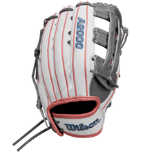 The Wilson A2000 FP50SS 12.25" Fastpitch Glove (WBW1027371225) features white Pro Stock® Leather, pink laces, gray and black accents, and blue embroidered brand logos, photographed on a white background.