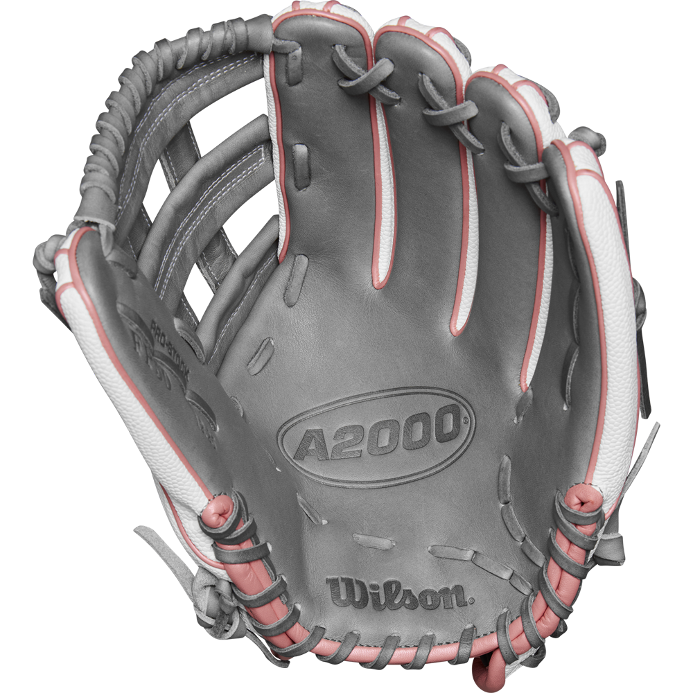A close-up of the Wilson A2000 FP50SS 12.25" Fastpitch Glove (FALL 2024), crafted from Pro Stock® Leather for outfield players.