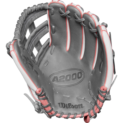 A close-up of the Wilson A2000 FP50SS 12.25" Fastpitch Glove (FALL 2024), crafted from Pro Stock® Leather for outfield players.