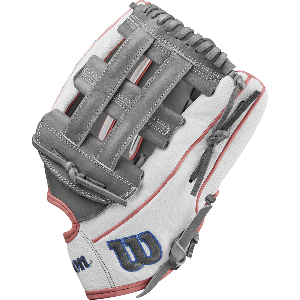 The Wilson A2000 FP50SS 12.25" Fastpitch Glove (WBW1027371225) features white and gray Pro Stock® Leather, red accents, gray laces, and a blue W logo—ideal for outfielders.