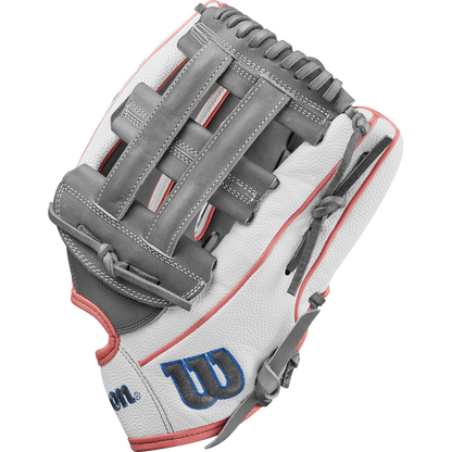 The Wilson A2000 FP50SS 12.25" Fastpitch Glove (WBW1027371225) features white and gray Pro Stock® Leather, red accents, gray laces, and a blue W logo—ideal for outfielders.