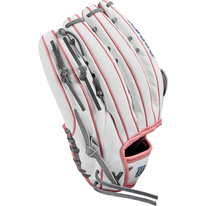 The Wilson A2000 FP50SS 12.25" Fastpitch Glove features Pro Stock® Leather in white with pink and gray accents, gray laces, and pink trim, displayed on a plain white background. Model: FALL 2024 WBW1027371225.