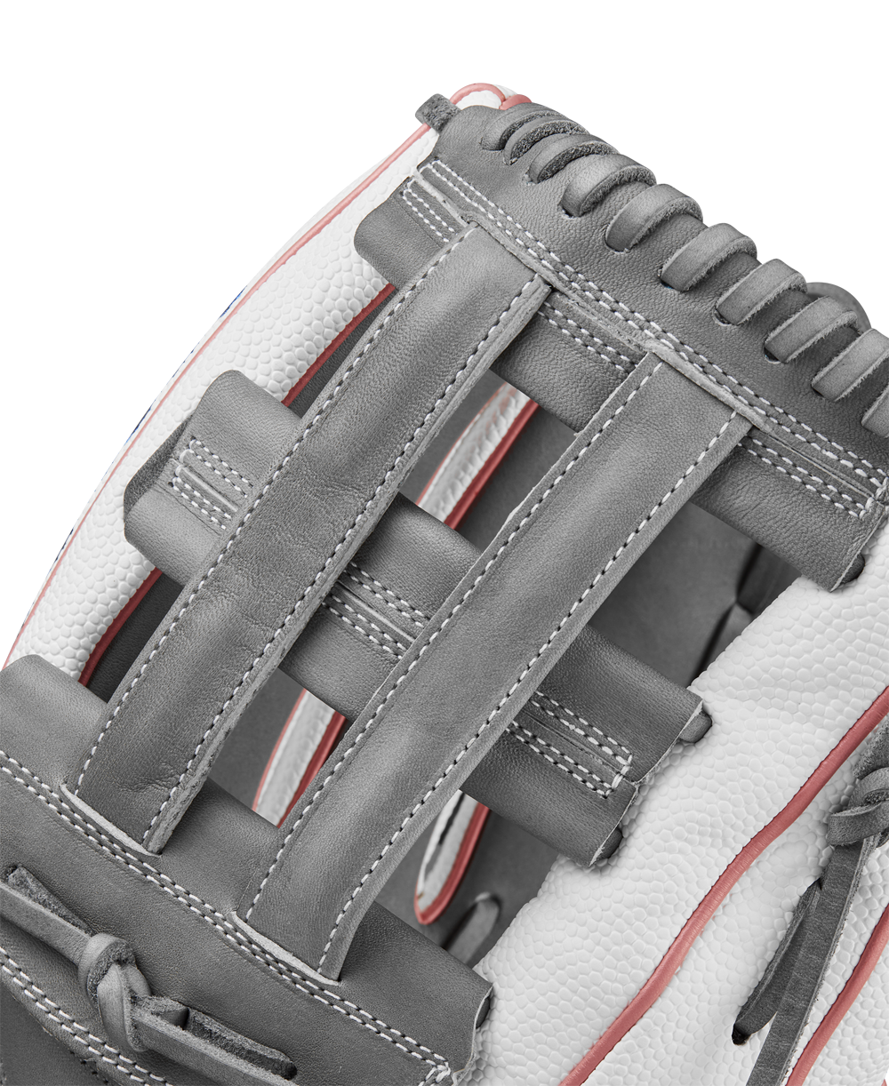 A close-up of the Wilson A2000 FP50SS 12.25" Fastpitch Glove, made from Pro Stock® Leather—ideal for outfield play in the FALL 2024 season.