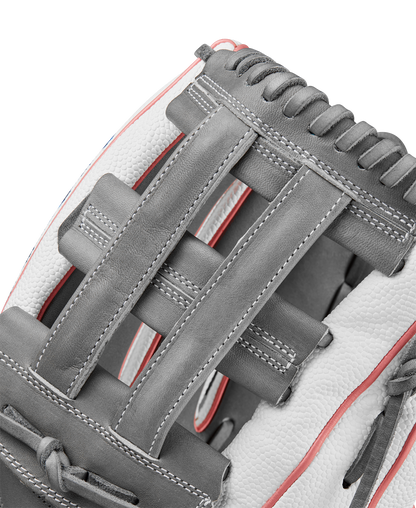 A close-up of the Wilson A2000 FP50SS 12.25" Fastpitch Glove, made from Pro Stock® Leather—ideal for outfield play in the FALL 2024 season.