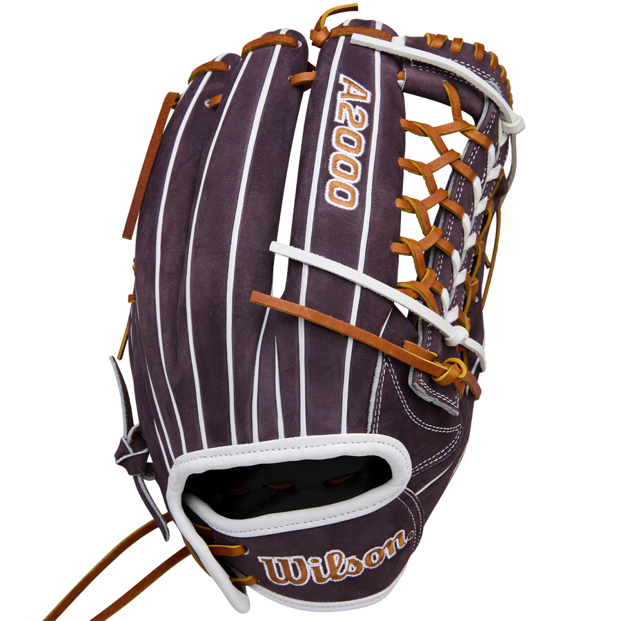 The Wilson A2000 T125 12.5" Aliyah Andrews GM Fastpitch Glove (WBW102745125) by Wilson features dark brown leather, white stripes, tan lacing, and embroidered A2000 and Wilson logos—ideal for fastpitch outfielders like Aliyah Andrews.
