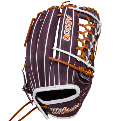 The Wilson A2000 T125 12.5" Aliyah Andrews GM Fastpitch Glove (WBW102745125) by Wilson features dark brown leather, white stripes, tan lacing, and embroidered A2000 and Wilson logos—ideal for fastpitch outfielders like Aliyah Andrews.