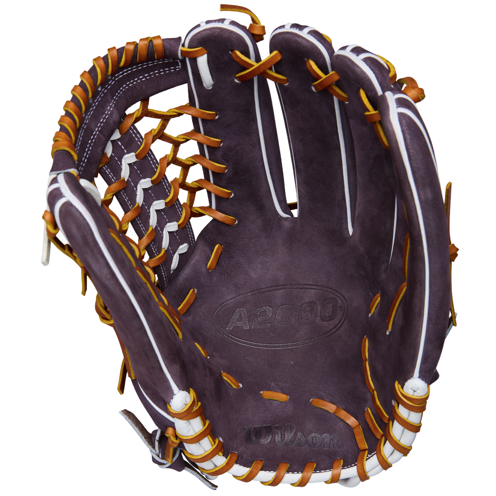 A close-up of the Wilson A2000 T125 12.5" Aliyah Andrews GM Fastpitch Glove (WBW102745125) by Wilson, featuring its brown leather with white and orange laces, open to show the palm and deep pocket.