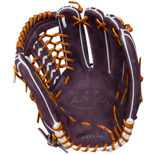 A close-up of the Wilson A2000 T125 12.5" Aliyah Andrews GM Fastpitch Glove (WBW102745125) by Wilson, featuring its brown leather with white and orange laces, open to show the palm and deep pocket.