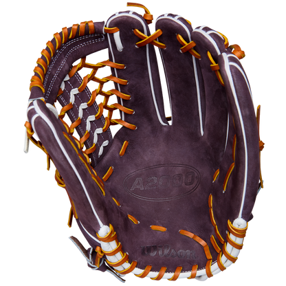 A close-up of the Wilson A2000 T125 12.5" Aliyah Andrews GM Fastpitch Glove (WBW102745125) by Wilson, featuring its brown leather with white and orange laces, open to show the palm and deep pocket.