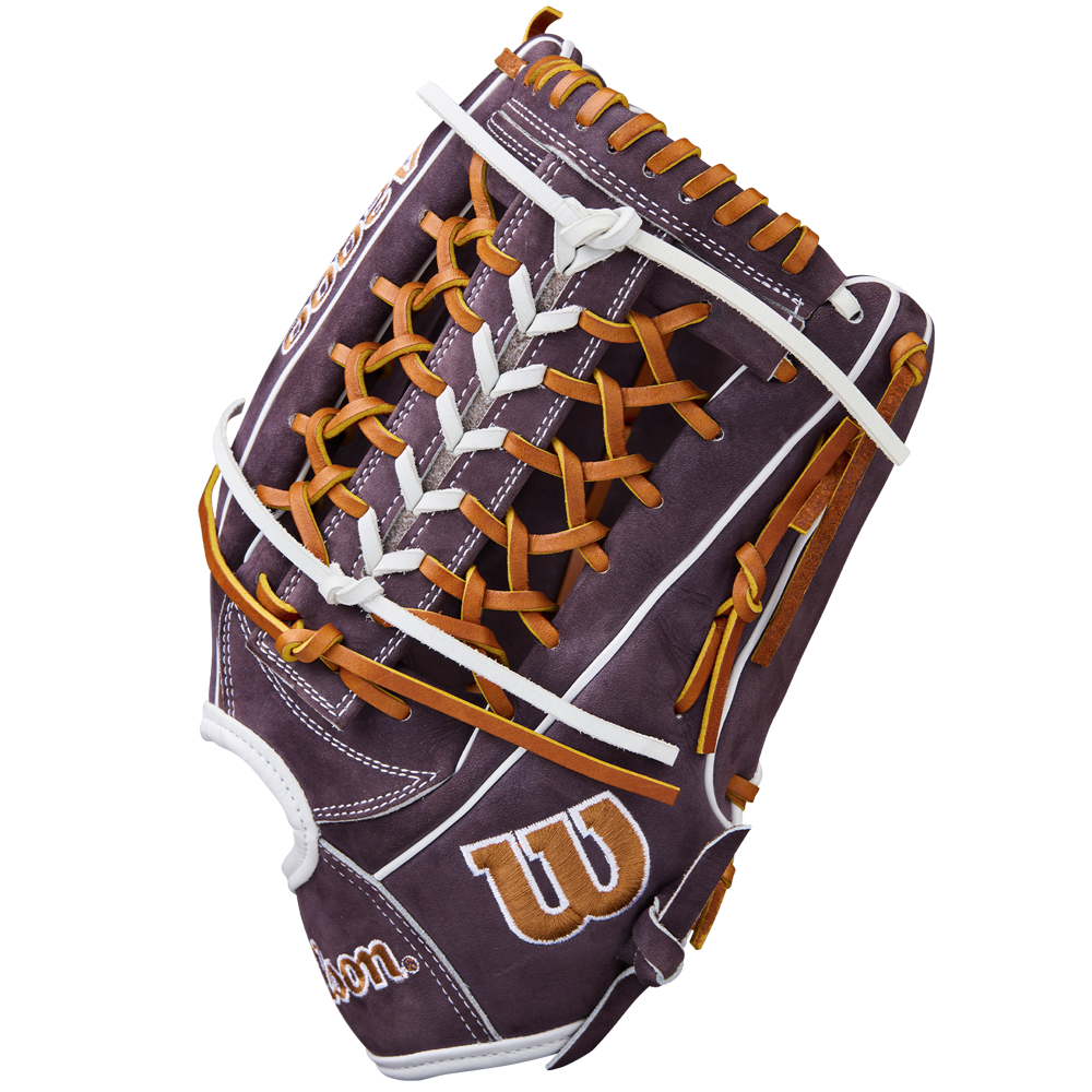 The Wilson A2000 T125 12.5" Aliyah Andrews GM Fastpitch Glove (WBW102745125) is a maroon Wilson glove with orange laces, white accents, and a white Wilson W logo on the thumb, shown on a plain white background.