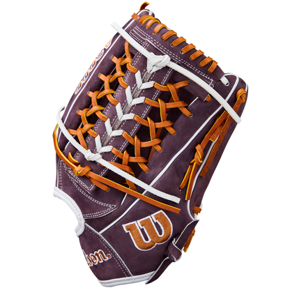 The Wilson A2000 T125 12.5" Aliyah Andrews GM Fastpitch Glove (WBW102745125) is a maroon Wilson glove with orange laces, white accents, and a white Wilson W logo on the thumb, shown on a plain white background.