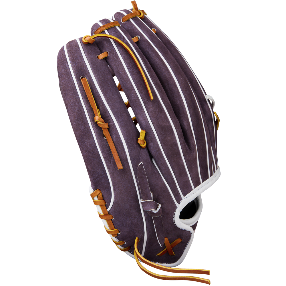 The Wilson A2000 T125 12.5" Aliyah Andrews GM Fastpitch Glove (WBW102745125) features a purple outfield design with white stripes, orange laces, and white trim, inspired by the A2000 series and shown on a plain white background.
