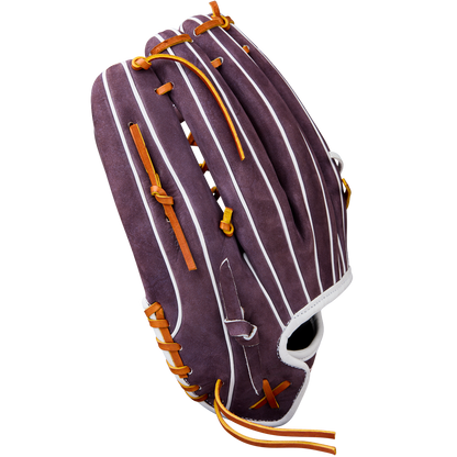 The Wilson A2000 T125 12.5" Aliyah Andrews GM Fastpitch Glove (WBW102745125) features a purple outfield design with white stripes, orange laces, and white trim, inspired by the A2000 series and shown on a plain white background.