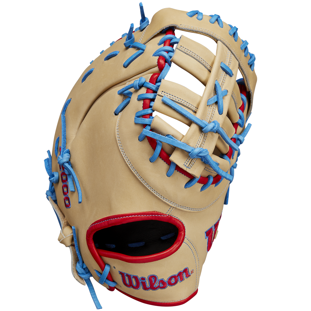 The Wilson A2000 1677 12.5" Baseball First Base Mitt (WBW102753125) features blue and red stitching and is crafted from durable Pro Stock leather for lasting performance on the field.