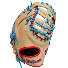 The Wilson A2000 1677 12.5" Baseball First Base Mitt (WBW102753125) features blue and red stitching and is crafted from durable Pro Stock leather for lasting performance on the field.