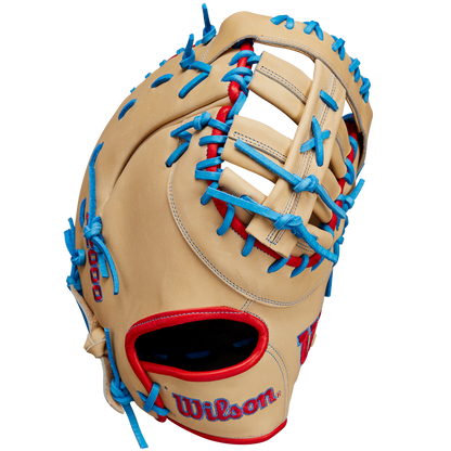 The Wilson A2000 1677 12.5" Baseball First Base Mitt (WBW102753125) features blue and red stitching and is crafted from durable Pro Stock leather for lasting performance on the field.