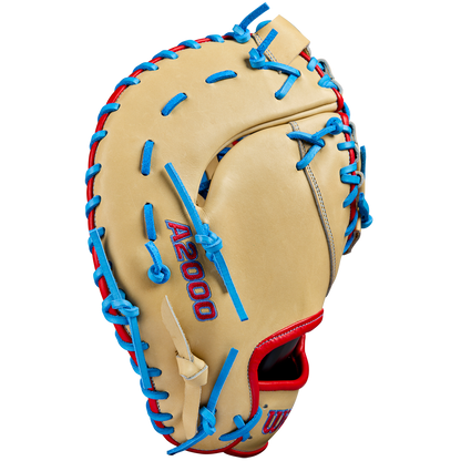 The Wilson A2000 1677 12.5" First Base Mitt features tan Pro Stock leather, blue laces, red wrist trim, and "A2000" stitched in blue and red on the palm for lasting performance.