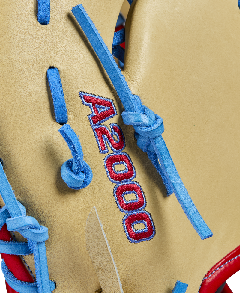 Close-up of a Wilson A2000 1677 12.5" first base mitt, crafted from Pro Stock leather, with tan color, blue laces, and red A2000 stitching. Model WBW102753125 from Wilson’s Spring 2025 lineup.