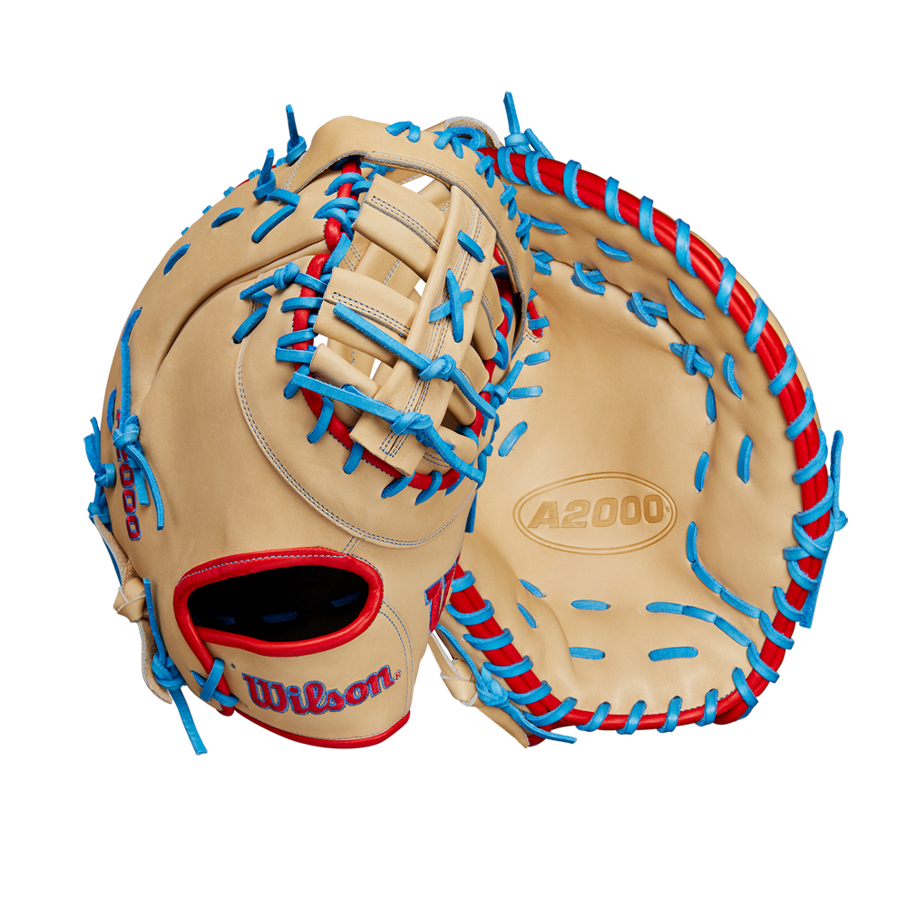 A Wilson A2000 1677 12.5" First Base Mitt (SPRING 2025: WBW102753125) by Wilson is displayed from the front and back on a plain white background.