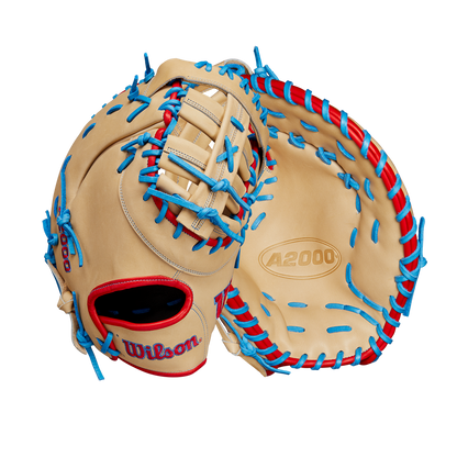 A Wilson A2000 1677 12.5" First Base Mitt (SPRING 2025: WBW102753125) by Wilson is displayed from the front and back on a plain white background.