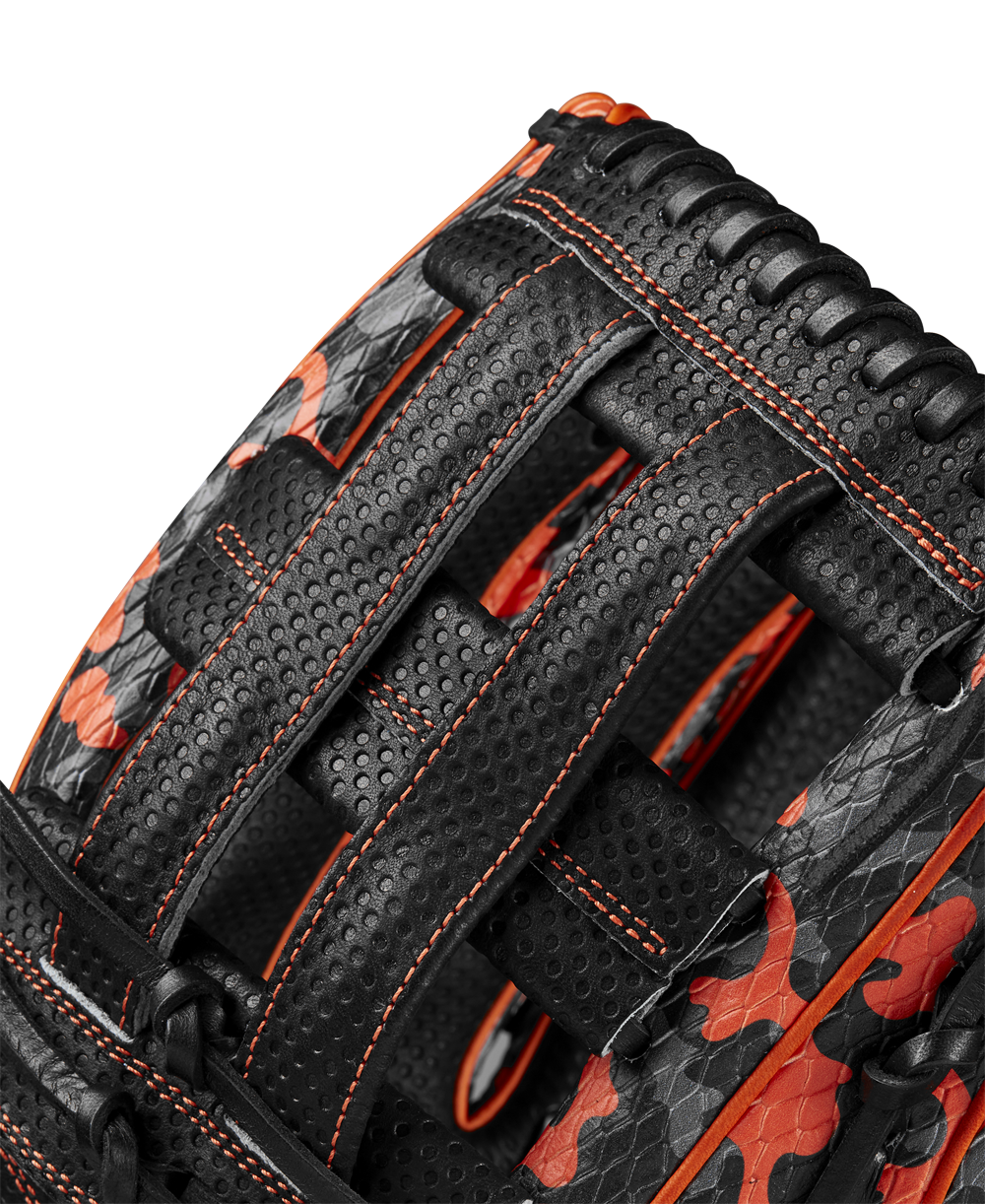 Close-up of the limited edition Wilson A2000 SC1777SS 12.75" Baseball Glove (GOTM Oct 2024), crafted from Pro Stock leather with black and orange camo, orange stitching, and detailed woven lacing. Model: WBW1027911275.