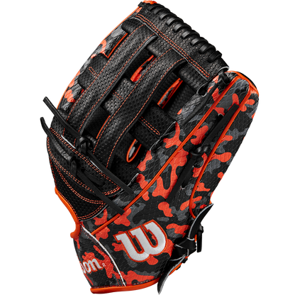 The Wilson A2000 SC1777SS 12.75" GOTM October 2024 baseball glove features a black and red camo pattern with orange accents, Pro Stock leather construction, white Wilson W logo, and detailed stitching.