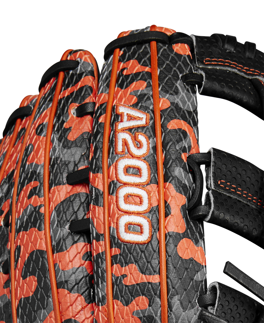 Close-up of the Wilson A2000 SC1777SS 12.75" GOTM October 2024 Baseball Glove featuring limited edition black Pro Stock leather, orange camouflage accents, white A2000 embroidery, orange stitching, and black lacing.