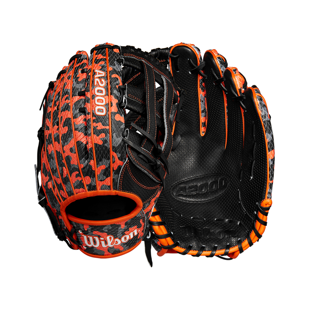 The Wilson A2000 SC1777SS 12.75" Baseball Glove (GOTM October 2024, WBW1027911275) features Pro Stock leather in orange and black camo, with black laces and orange accents, displayed front and back on a white background.