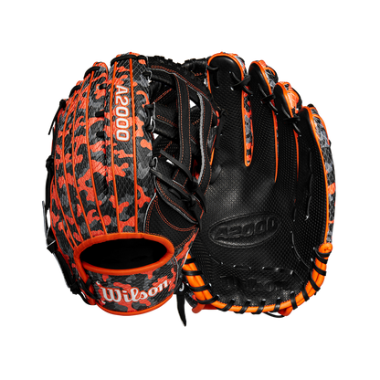 The Wilson A2000 SC1777SS 12.75" Baseball Glove (GOTM October 2024, WBW1027911275) features Pro Stock leather in orange and black camo, with black laces and orange accents, displayed front and back on a white background.