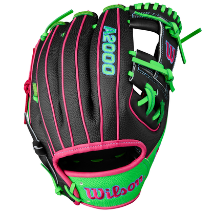 The Wilson A2000 1786SS 11.5" Baseball Glove (WBW103218115) features a black design with green laces and stitching, pink trim, blue logos, and durable SuperSkin on the wrist strap and back.