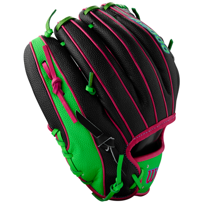 The Wilson A2000 1786SS 11.5" Baseball Glove (WBW103218115) features a black design with bright green accents, pink laces, textured SuperSkin leather, sleek stitching, and the signature A2000 1786SS style.