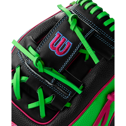 Close-up of the Wilson A2000 1786SS 11.5" Baseball Glove (WBW103218115), made with black leather, durable SuperSkin, bright green laces, blue stitching, a red and blue "W" logo, and pink edge accents. Summer 2025 model.