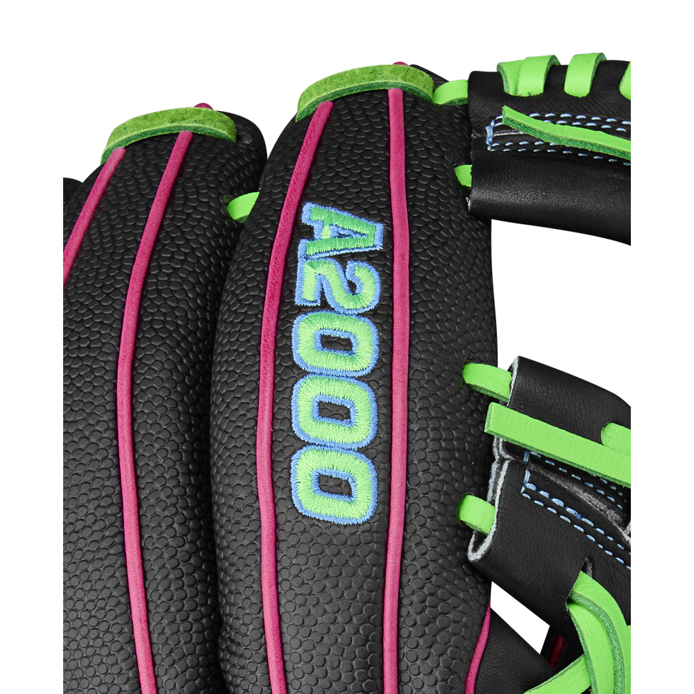 Close-up of the Wilson A2000 1786SS 11.5" Baseball Glove (Summer 2025) featuring a textured black SuperSkin surface, neon green stitching, pink piping, and blue embroidered model text.