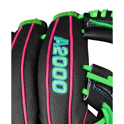 Close-up of the Wilson A2000 1786SS 11.5" Baseball Glove (Summer 2025) featuring a textured black SuperSkin surface, neon green stitching, pink piping, and blue embroidered model text.