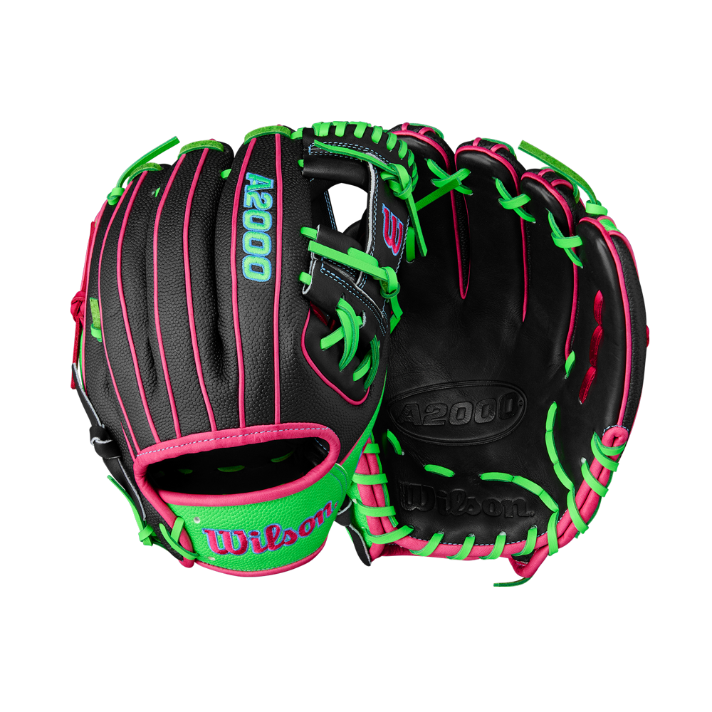 The Wilson A2000 1786SS 11.5" Baseball Glove (WBW103218115) features a black and pink design with durable SuperSkin, perfect for infielders. Summer 2025 release from Wilson.