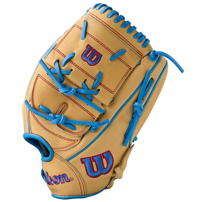 The Wilson A2000 B125 12.5" Baseball Glove (WBW103220125) features tan Pro Stock leather with bright blue laces, red accents, and a blue-and-red Wilson logo on the thumb and back. Summer 2025 release.