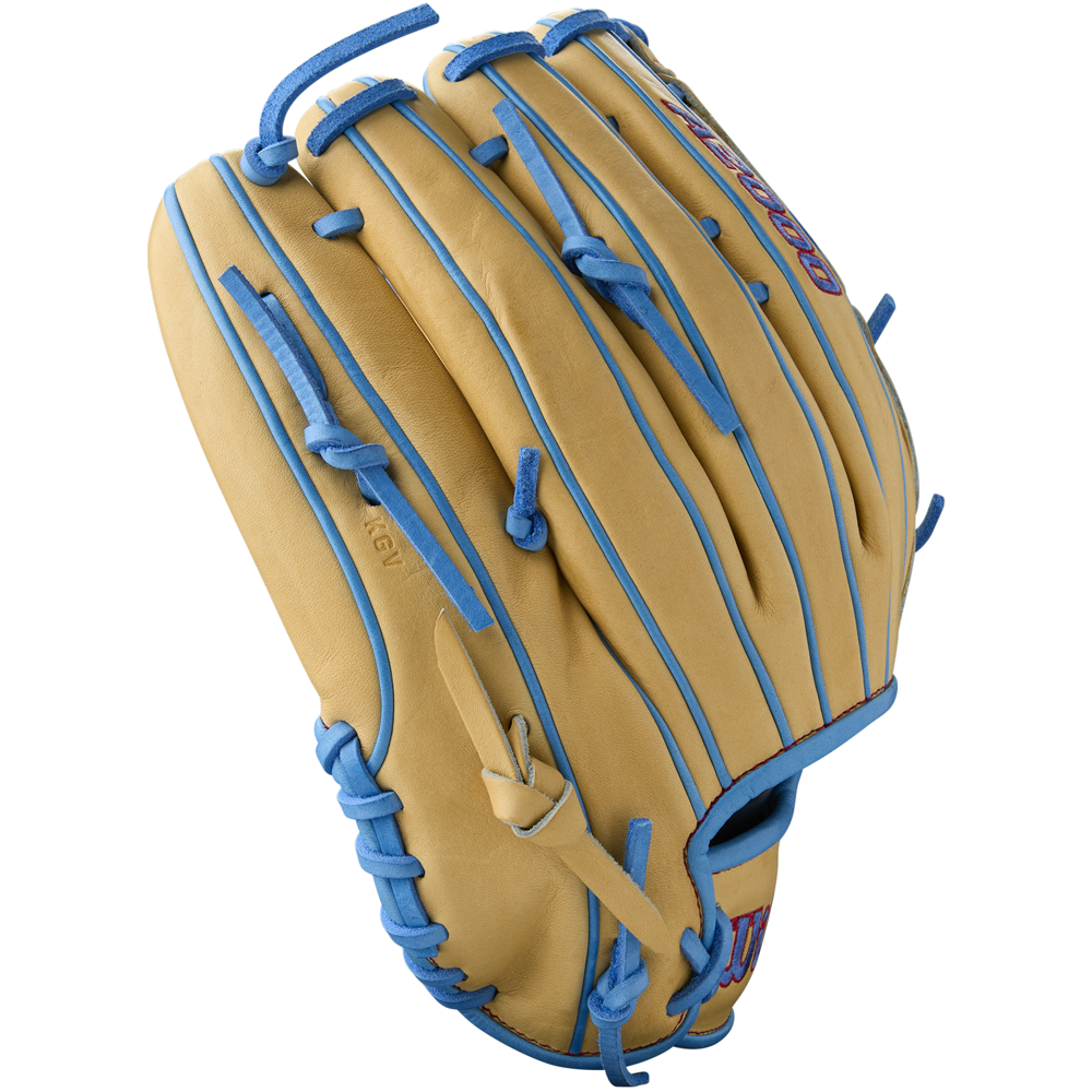 The Wilson A2000 B125 12.5" Baseball Glove (WBW103220125) features Pro Stock tan leather with bright blue laces and stitching, shown slightly open against a white background to highlight its detailed construction and texture.