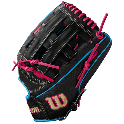 The Wilson A2000 1777SS 12.75" Baseball Glove (WBW1032221275) is a black and pink outfield glove with durable SuperSkin construction, available for Summer 2025.