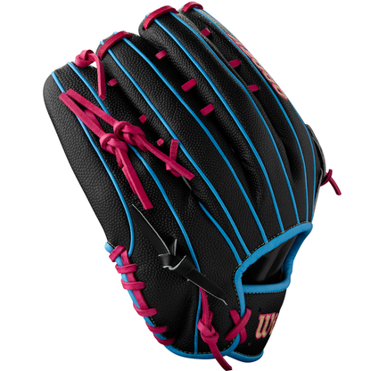 The Wilson A2000 1777SS 12.75" Baseball Glove (WBW1032221275) features a black design with blue piping, pink laces, and SuperSkin construction for durability and style, shown from the back with closed fingers and visible stitching.