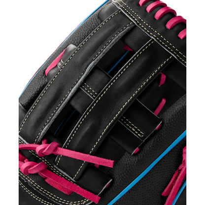 Close-up of the Wilson A2000 1777SS 12.75" Baseball Glove (Summer 2025), WBW1032221275, in black leather with pink laces, yellow stitching, blue piping, SuperSkin material, and a woven web design showcasing its detailed craftsmanship.