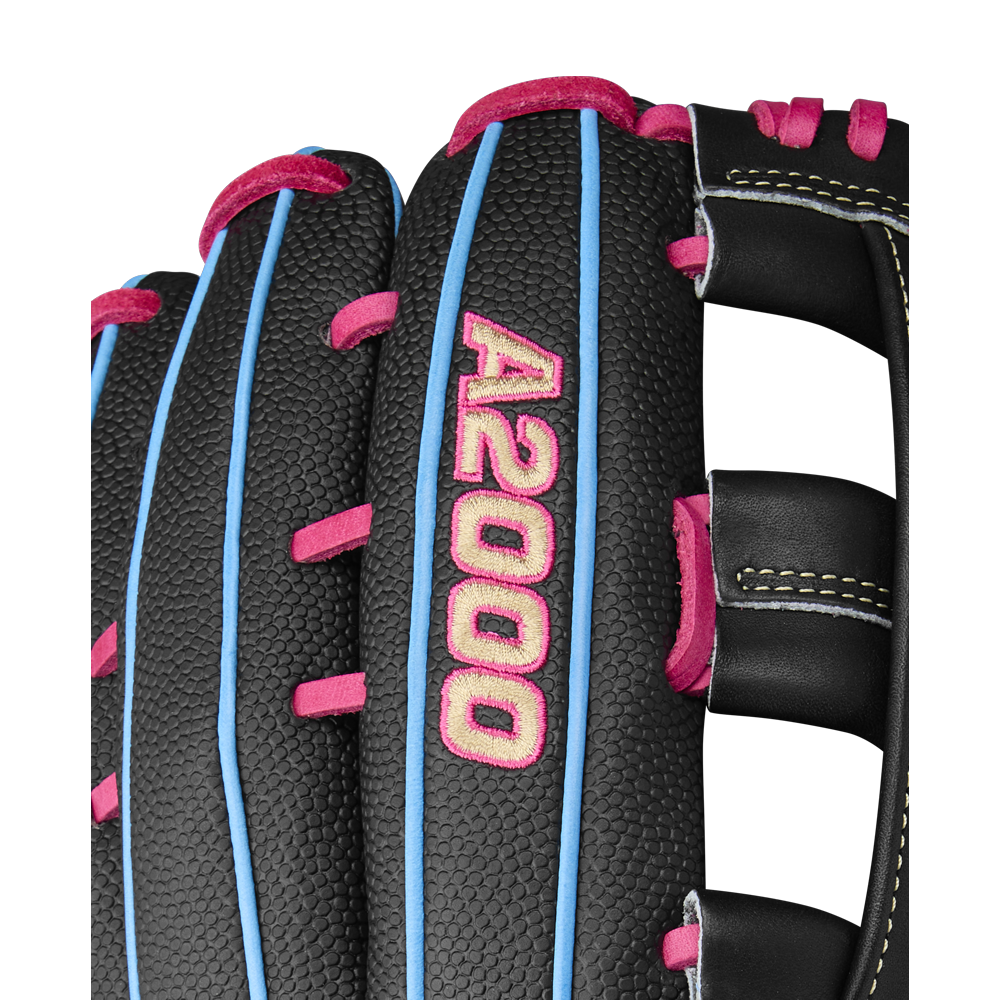Close-up of the Wilson A2000 1777SS 12.75" Baseball Glove (Summer 2025) with textured black leather, SuperSkin, blue accents, pink stitching, and an embroidered pink and yellow A2000 logo on one finger.
