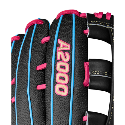 Close-up of the Wilson A2000 1777SS 12.75" Baseball Glove (Summer 2025) with textured black leather, SuperSkin, blue accents, pink stitching, and an embroidered pink and yellow A2000 logo on one finger.