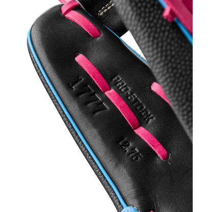 A close-up of the Wilson A2000 1777SS 12.75" Baseball Glove (WBW1032221275), showcasing its durable SuperSkin design for Summer 2025.