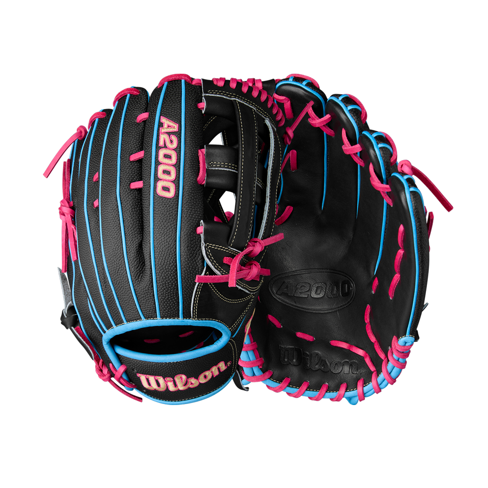 The Wilson A2000 1777SS 12.75" Baseball Glove (Summer 2025: WBW1032221275) features a black design with bright blue piping, pink laces, and durable SuperSkin, shown from both palm and back views.