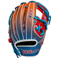 The Wilson A2K 1786SS 11.5" Baseball Glove (WBW103290115) features a gradient orange, brown, and blue design with blue laces, red accents, and durable SuperSnakeSkin construction. Summer 2025 release by Wilson.