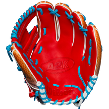 The Wilson A2K 1786SS 11.5" Baseball Glove (WBW103290115) features a red design with blue laces and SuperSnakeSkin for durability, crafted in the popular A2K 1786SS style—ideal for infielders.