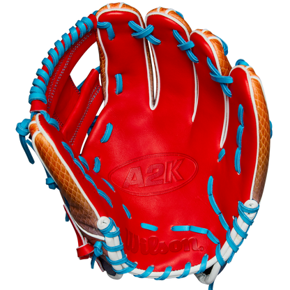 The Wilson A2K 1786SS 11.5" Baseball Glove (WBW103290115) features a red design with blue laces and SuperSnakeSkin for durability, crafted in the popular A2K 1786SS style—ideal for infielders.